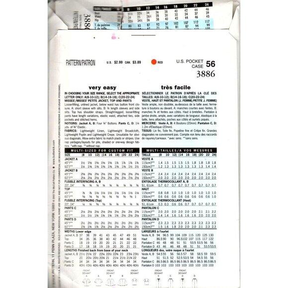 McCalls 6373 Misses 8 to 12 Very Easy Jacket, Top and Pants Uncut Sewing Pattern - Picture 2 of 2